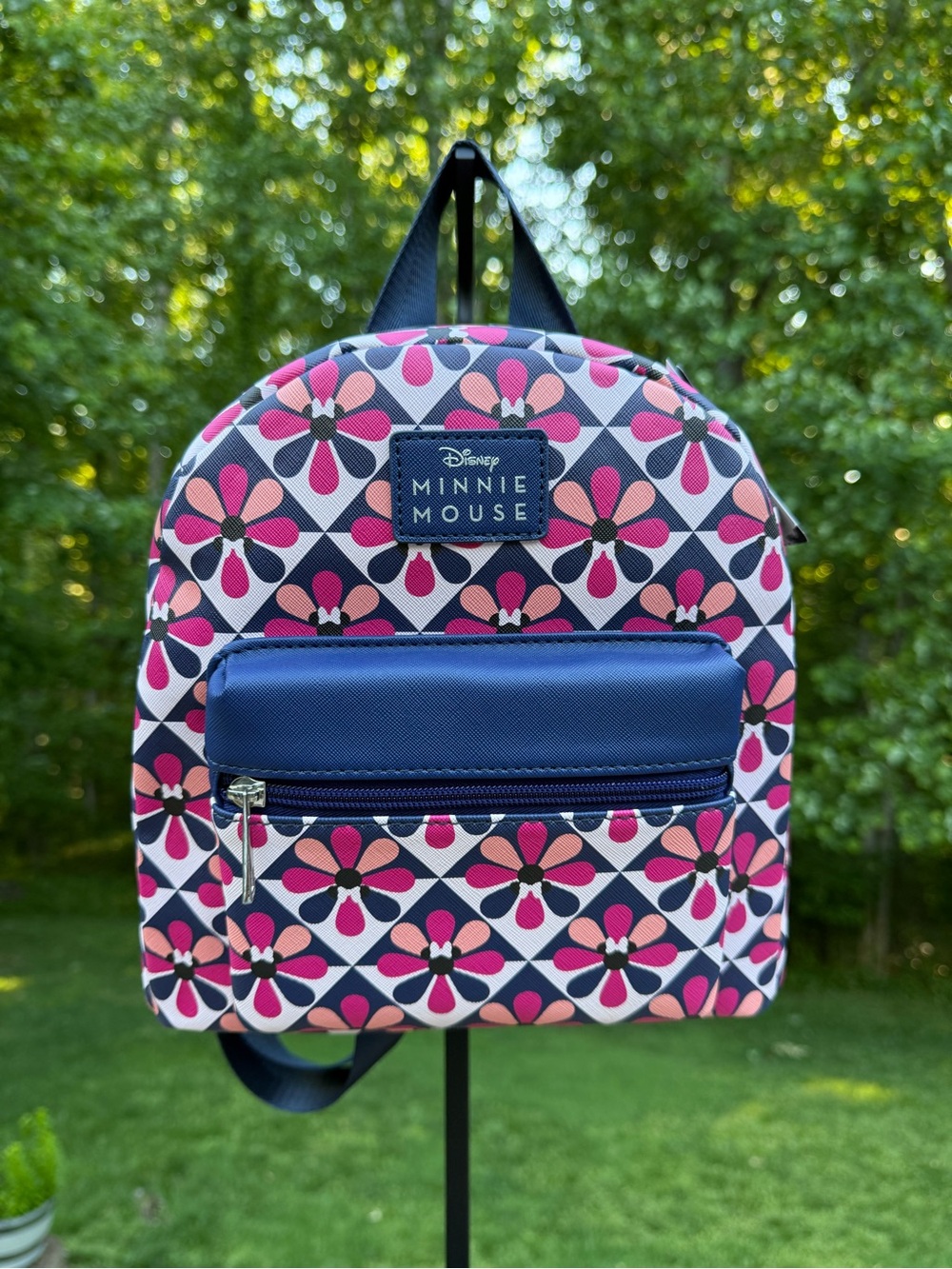 Pink Floral Mini Backpack with Navy Pocket